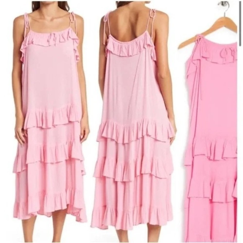 NWOT AREA Stars Pink Tiered Ruffle Midi Dress, Size S